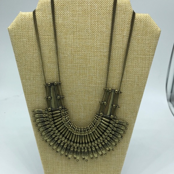 Bohemian Bar Bib Multi Chain Brass Tone Necklace - Picture 1 of 6